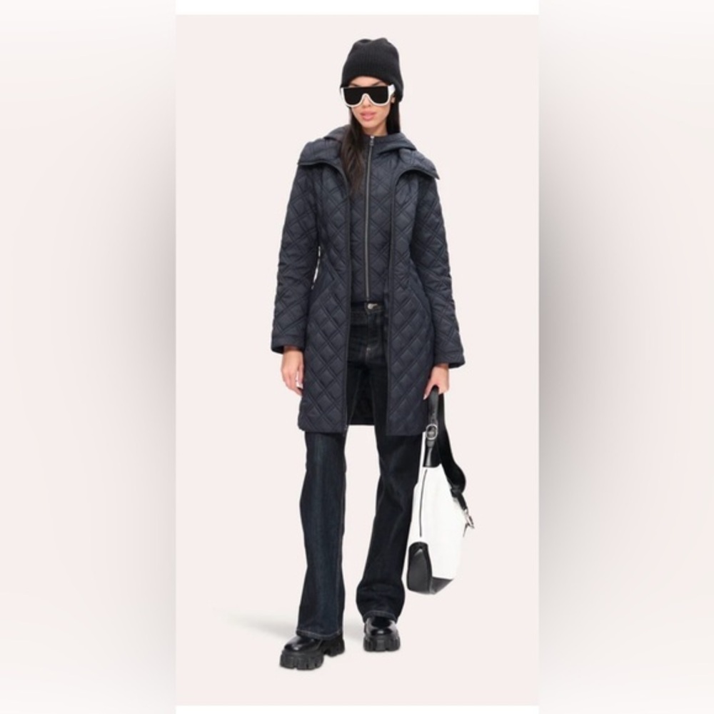 TAHARI Steel Gray Quilted Belted Coat S